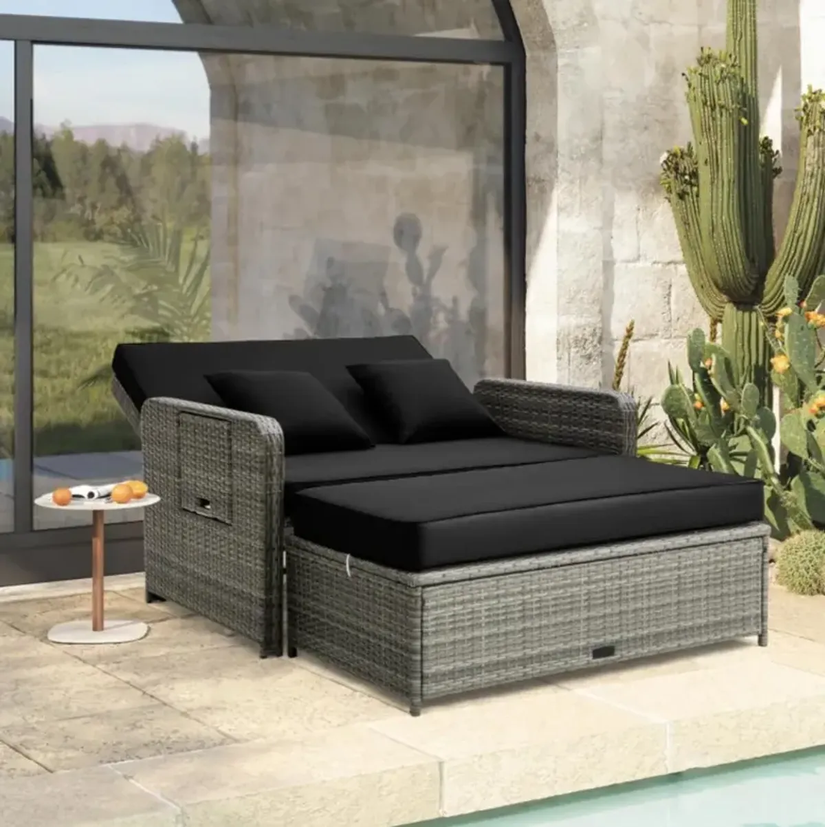 Hivvago Patio Wicker Loveseat Sofa with Multipurpose Ottoman and Retractable Side Tray