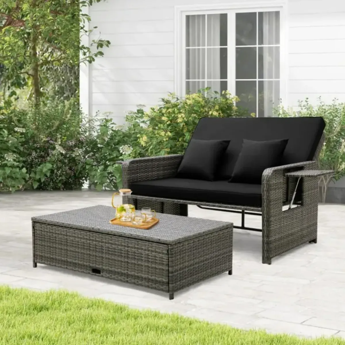 Hivvago Patio Wicker Loveseat Sofa with Multipurpose Ottoman and Retractable Side Tray