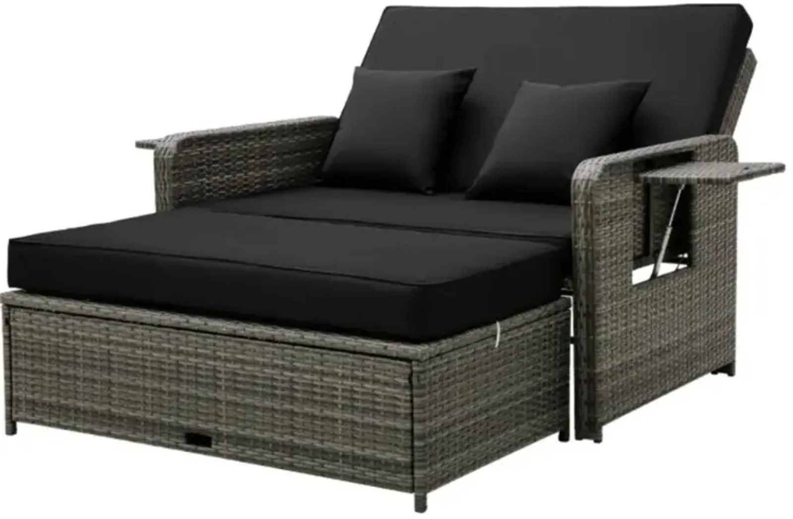 Hivvago Patio Wicker Loveseat Sofa with Multipurpose Ottoman and Retractable Side Tray