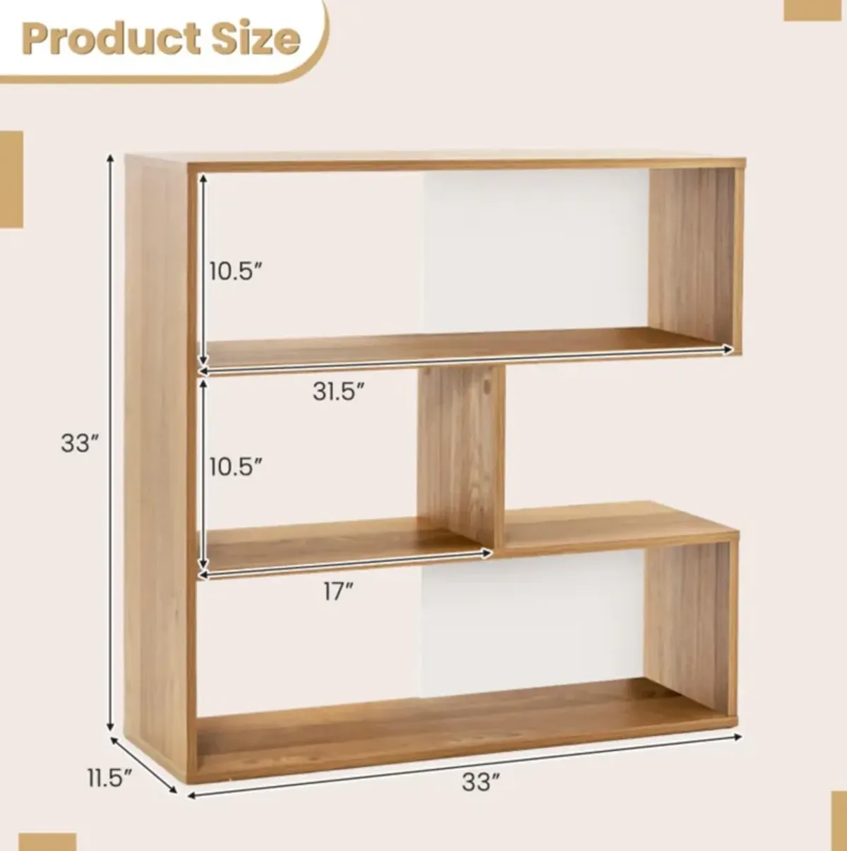 Hivvago Concave Bookshelf 3-Shelf Open Bookcase with Anti-Toppling Device for Living Room Study Office