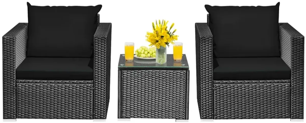 3 Pieces Patio Wicker Conversation Set with Cushion