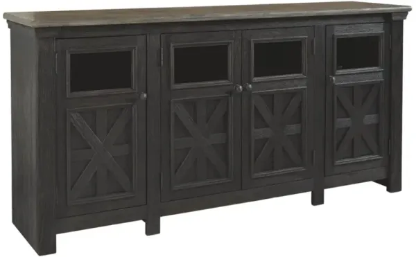 Dual Tone Wooden TV Stand with Four Cross Buck Doors Storage, Extra Large, Brown and Black - Benzara