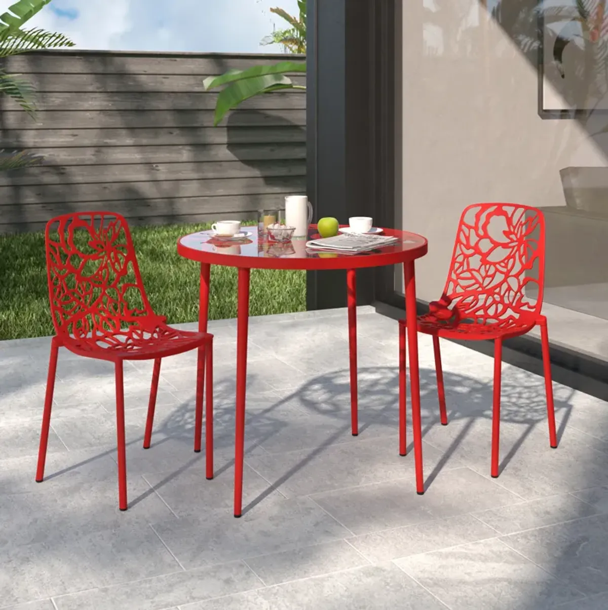 LeisureMod Devon Modern Aluminum Outdoor Dining Chair set of 2 in Red