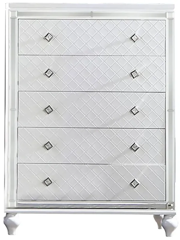 Benjara Calan 52 Inch Tall Dresser Chest, 5 Drawer, Texture, Mirror Trim, White and Chrome