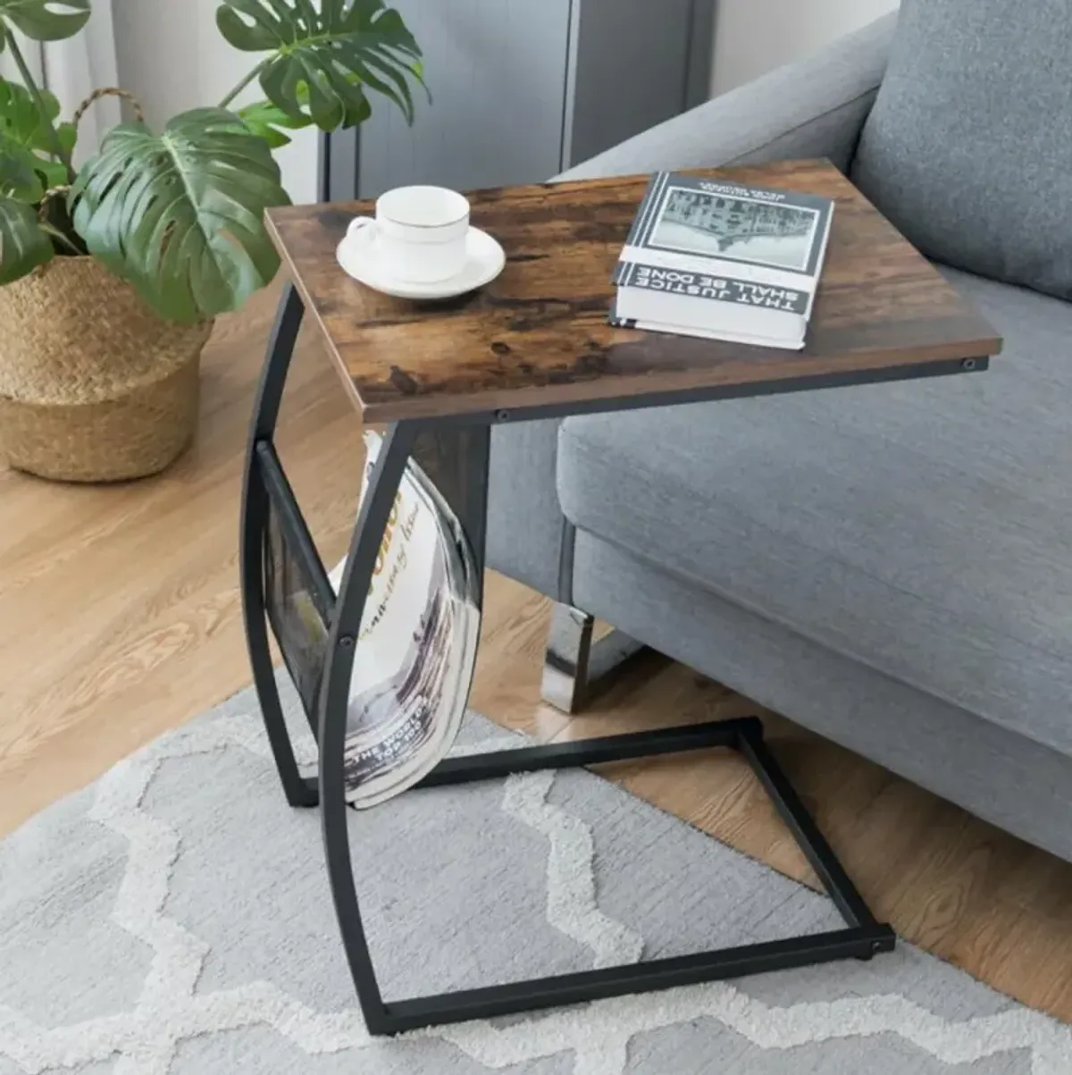 Hivvago C-shaped Vintage End Table with Side Pocket and Metal Frame