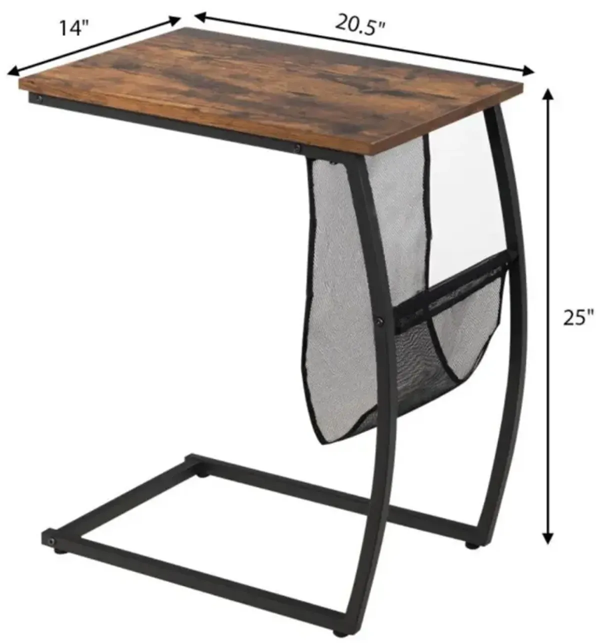 Hivvago C-shaped Vintage End Table with Side Pocket and Metal Frame