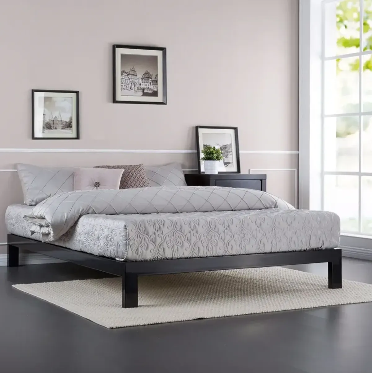 QuikFurn Full size Contemporary Black Metal Platform Bed with Wooden Slats