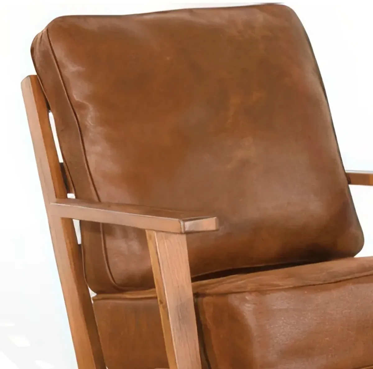 Odel Accent Lounge Chair, Faux Leather, Light Brown Solid Wood - Benzara