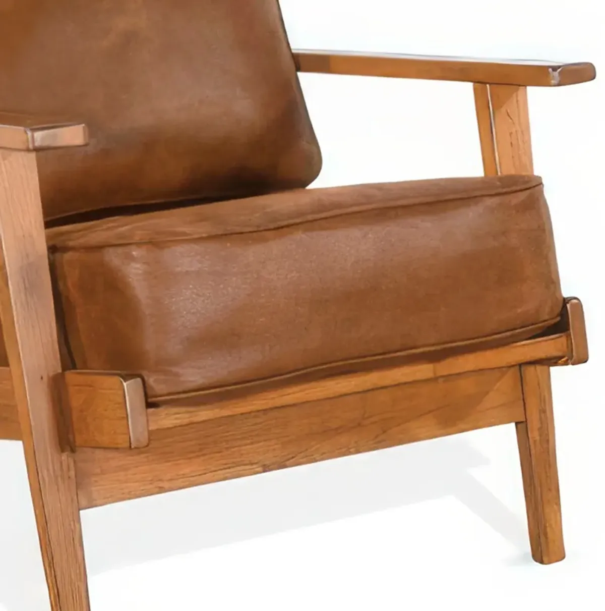 Odel Accent Lounge Chair, Faux Leather, Light Brown Solid Wood - Benzara