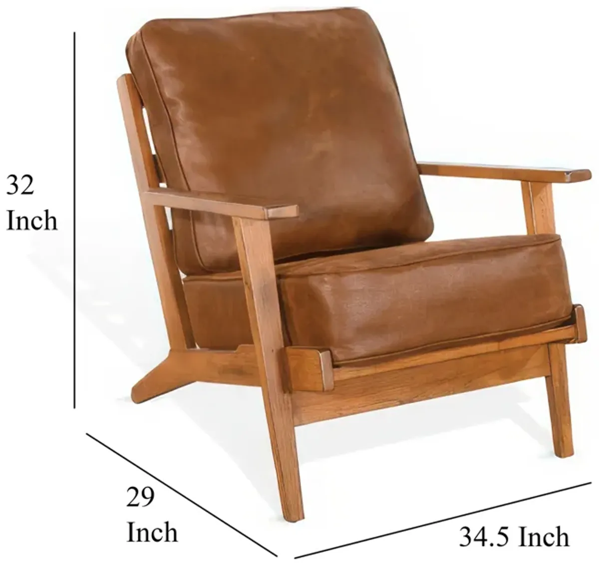 Odel Accent Lounge Chair, Faux Leather, Light Brown Solid Wood - Benzara