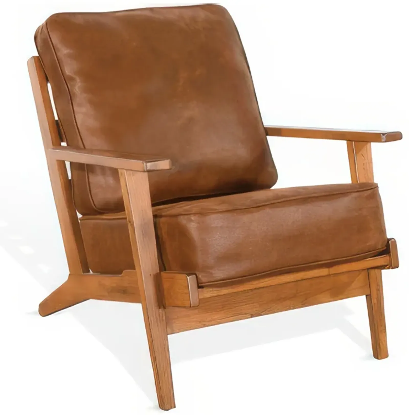 Odel Accent Lounge Chair, Faux Leather, Light Brown Solid Wood - Benzara