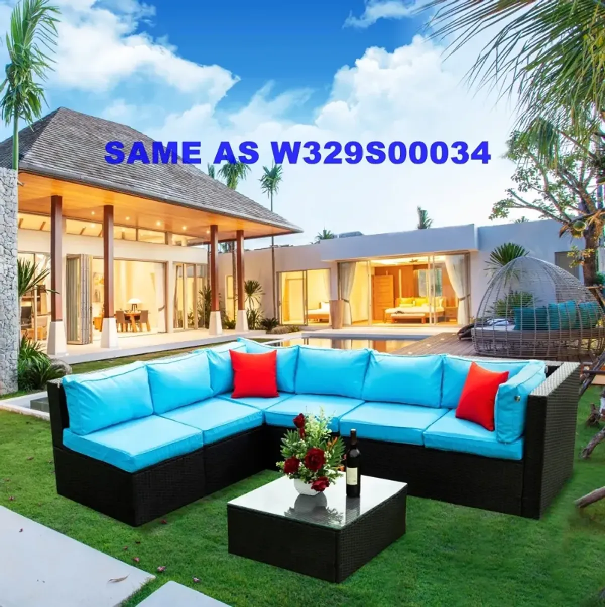 5 Pieces PE Rattan Sectional Outdoor Furniture Cushioned U Sofa Set With 2 Pillows