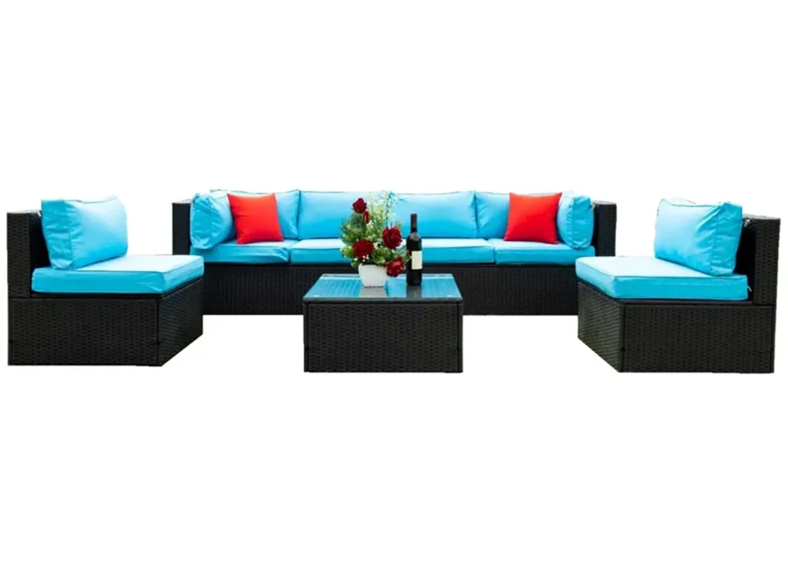 5 Pieces PE Rattan Sectional Outdoor Furniture Cushioned U Sofa Set With 2 Pillows