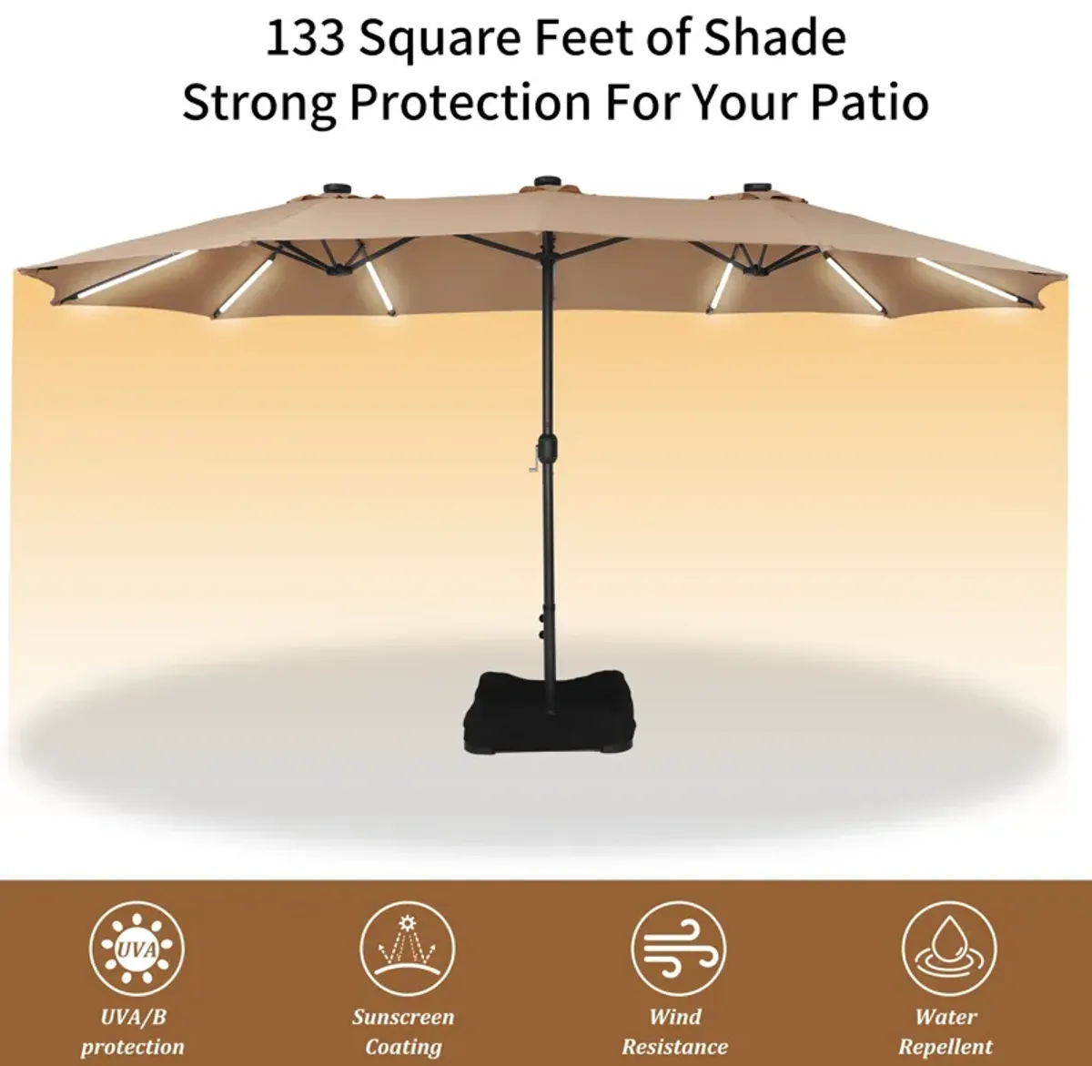 CASAINC 15ft Rectangular Double-Sided Solar LED Strip Lights Outdoor Patio Market Umbrella with Base Included