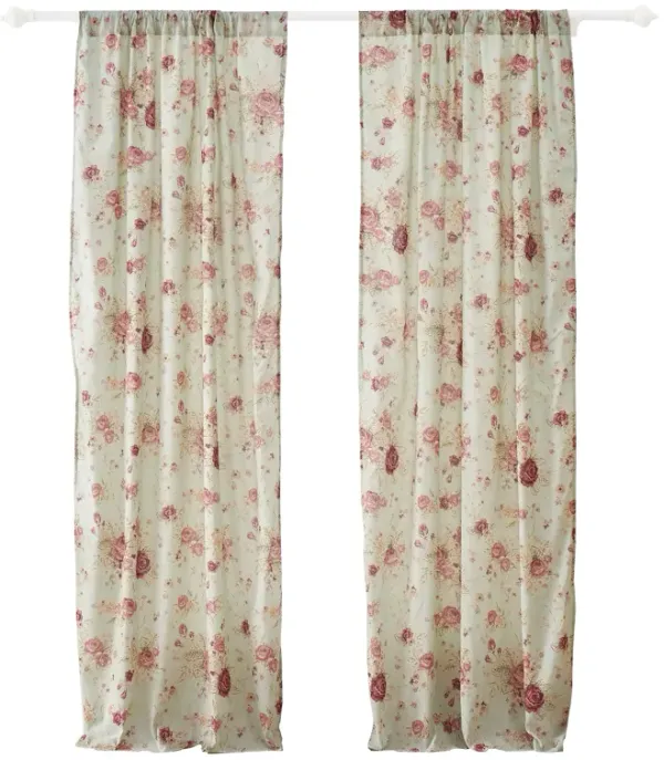 Rosle Set of 2 Window Curtains, Cotton, Antique Rose Print, Multicolor - Benzara