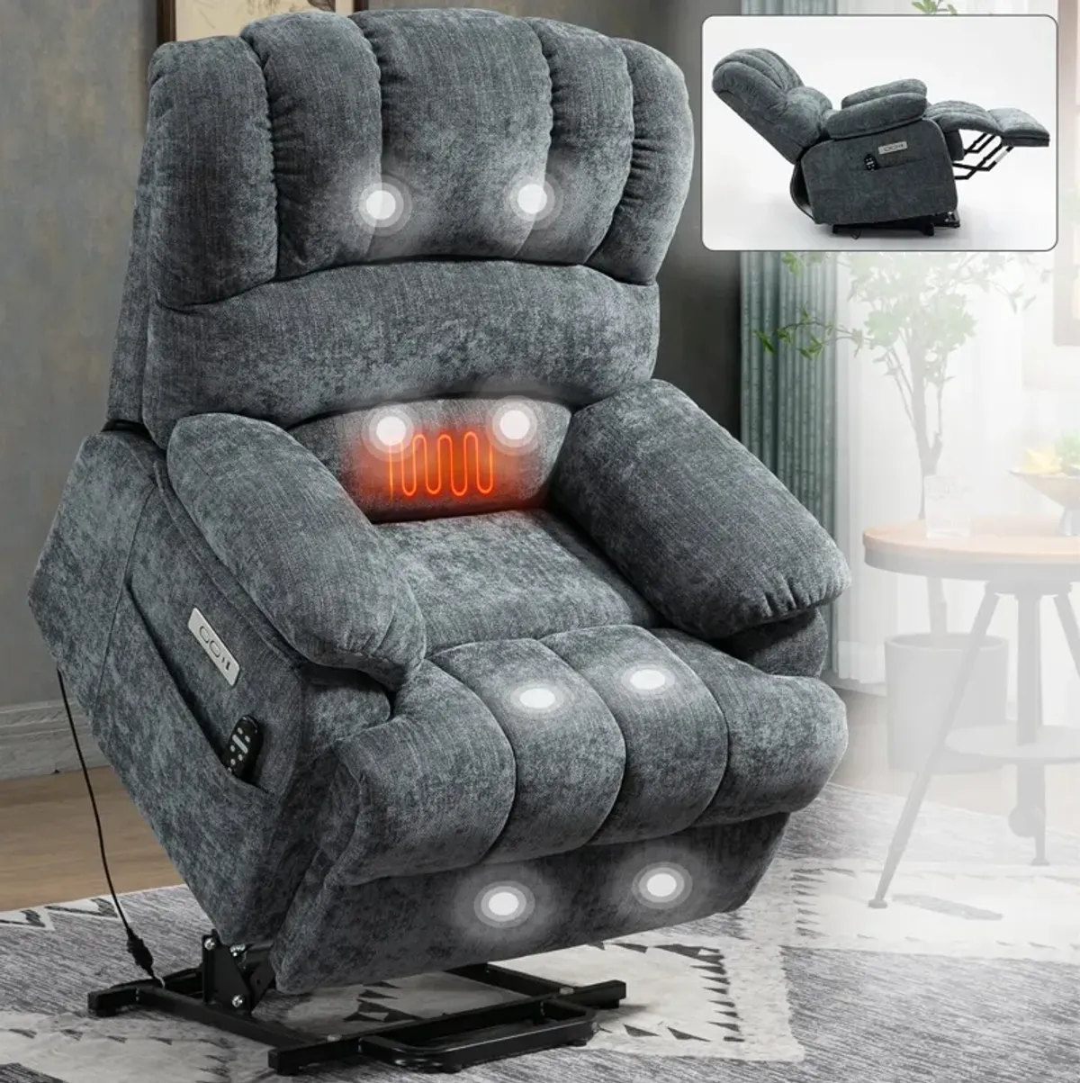 Mondawe 23" Seat Width and High Back Large Size Chenille Power Lift Recliner Chair with 8-Point Vibration Massage and Lumbar Heating