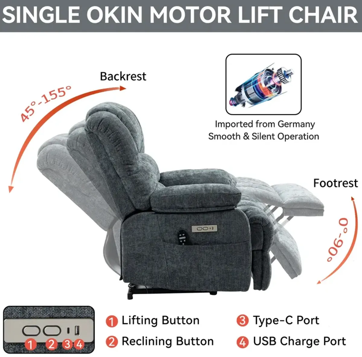 Mondawe 23" Seat Width and High Back Large Size Chenille Power Lift Recliner Chair with 8-Point Vibration Massage and Lumbar Heating