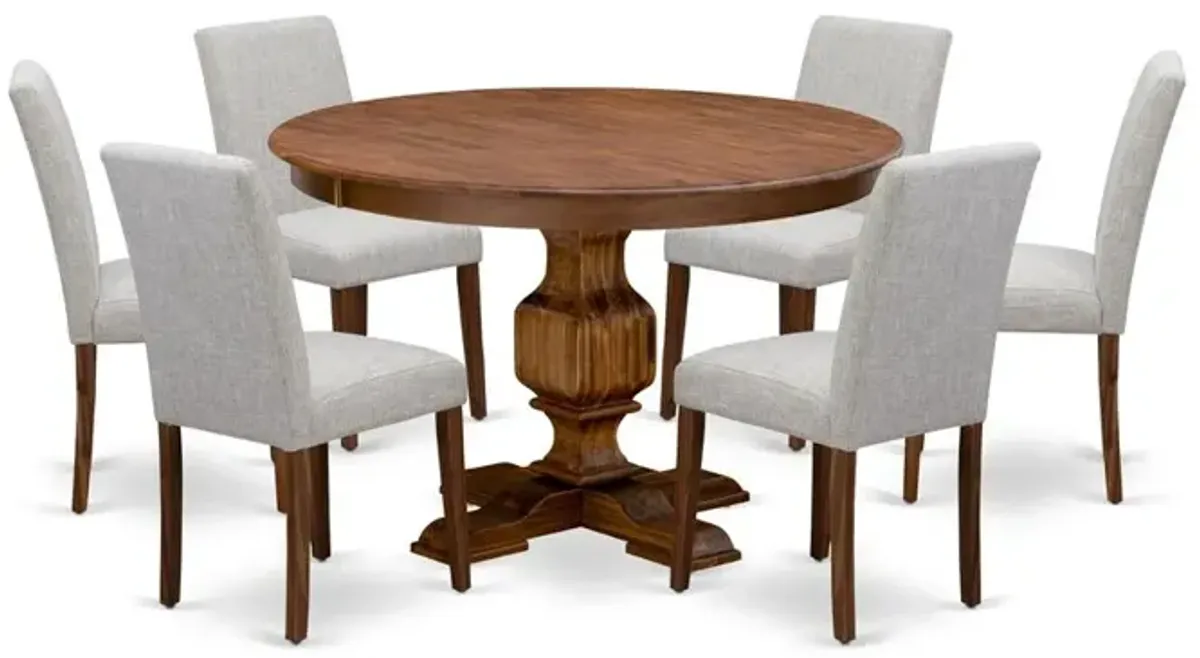 East West Furniture 7-Pc Kitchen Table Set - Pedestal Dining Table and 6 Doeskin Color Parson Padded Chairs with High Back - Antique Walnut Finish