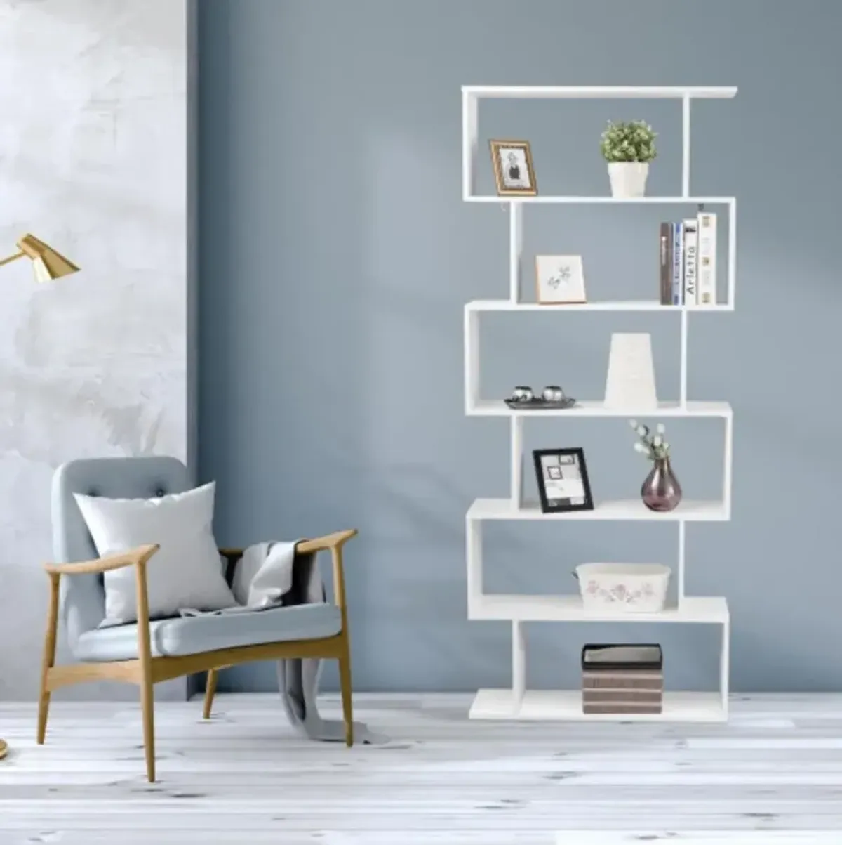 6-Tier S-Shaped Bookcase Z-Shelf Style Storage Bookshelf