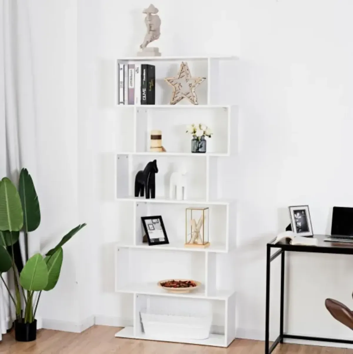 6-Tier S-Shaped Bookcase Z-Shelf Style Storage Bookshelf