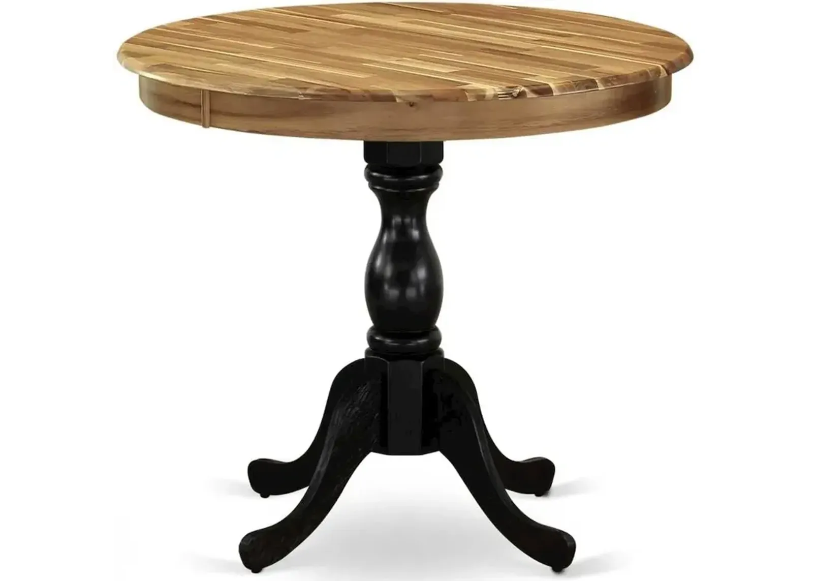 East West Furniture Antique 36 Round Dining Room Table for Compact Space - Natural Top & Black Pedestal