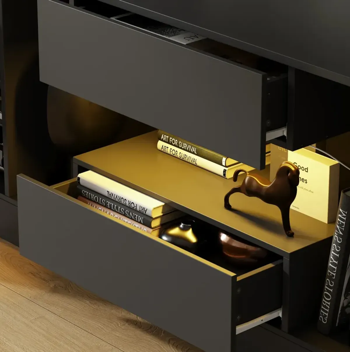 FUFU&GAGA Modern TV Stand with LED Light, 2 Cabinets & 2 Drawers, Black Finish (63" W x 15.7" D x 20.6" H), Black