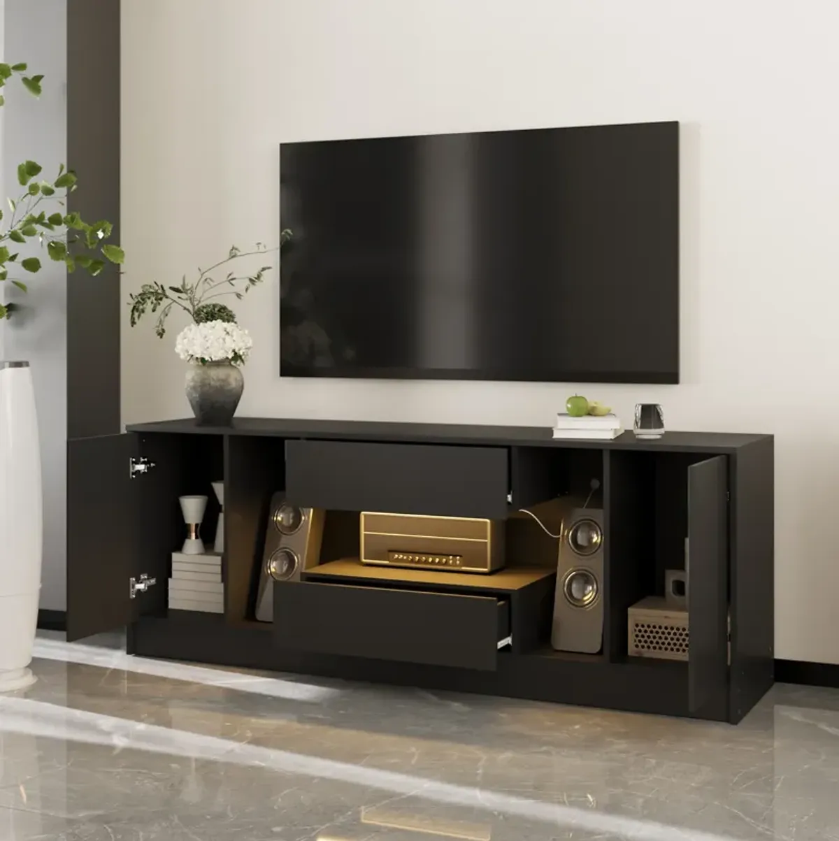 FUFU&GAGA Modern TV Stand with LED Light, 2 Cabinets & 2 Drawers, Black Finish (63" W x 15.7" D x 20.6" H), Black