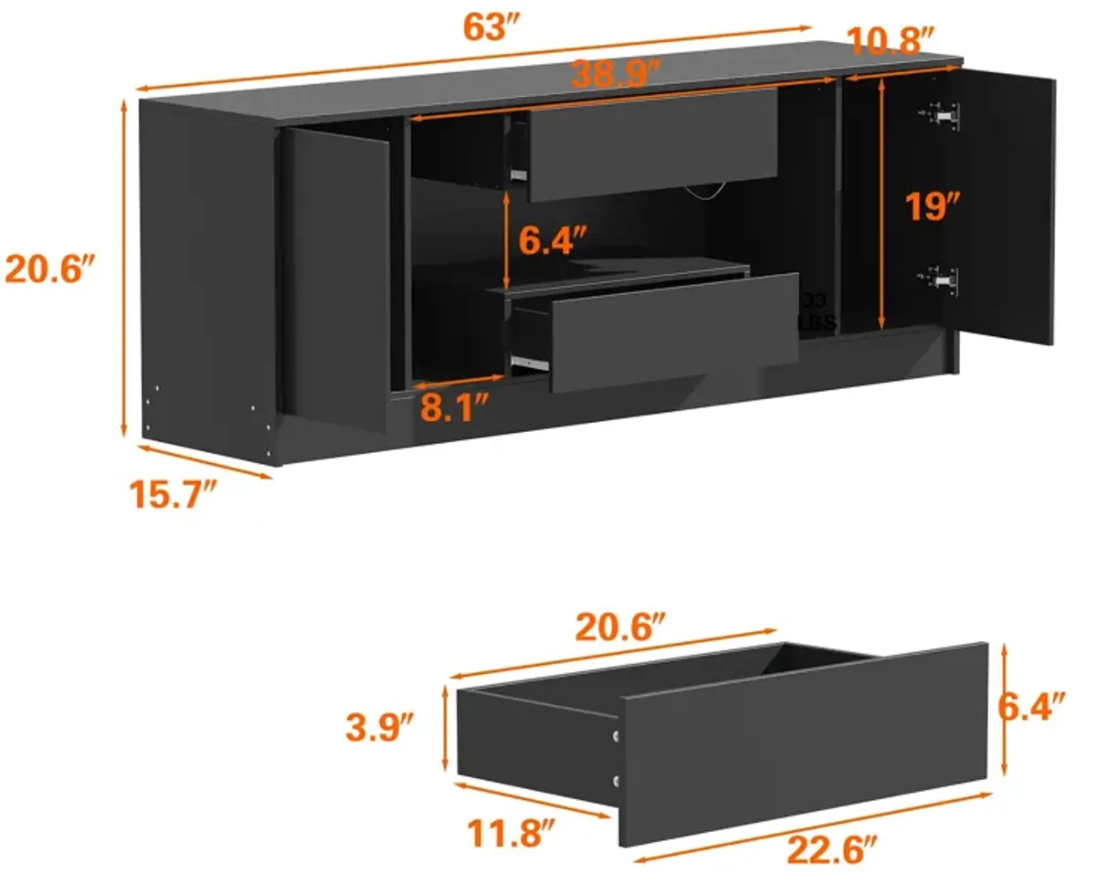 FUFU&GAGA Modern TV Stand with LED Light, 2 Cabinets & 2 Drawers, Black Finish (63" W x 15.7" D x 20.6" H), Black
