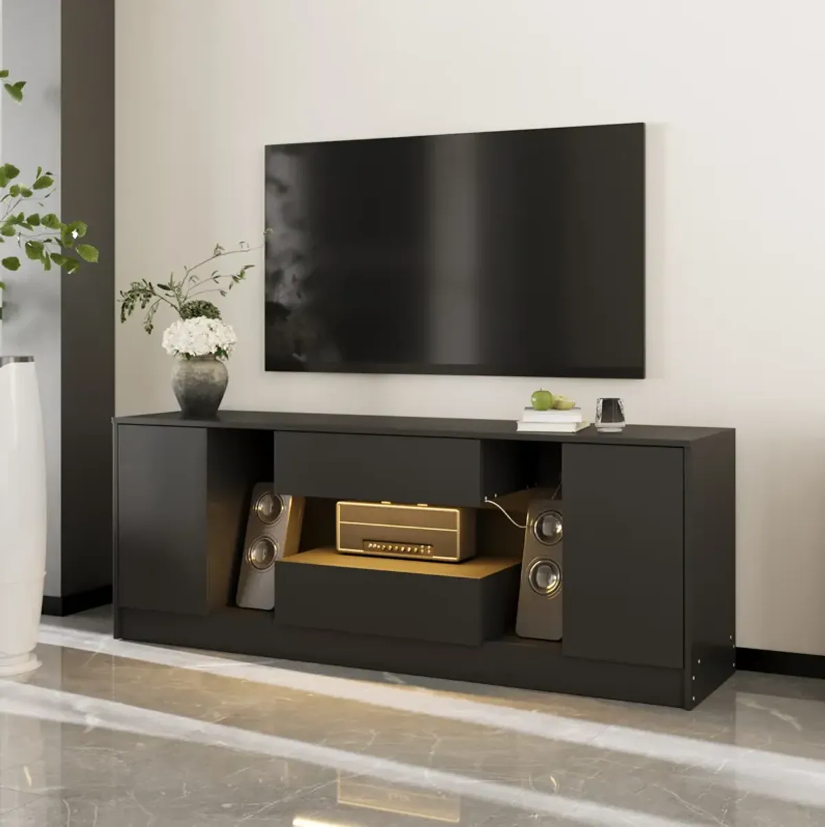 FUFU&GAGA Modern TV Stand with LED Light, 2 Cabinets & 2 Drawers, Black Finish (63" W x 15.7" D x 20.6" H), Black