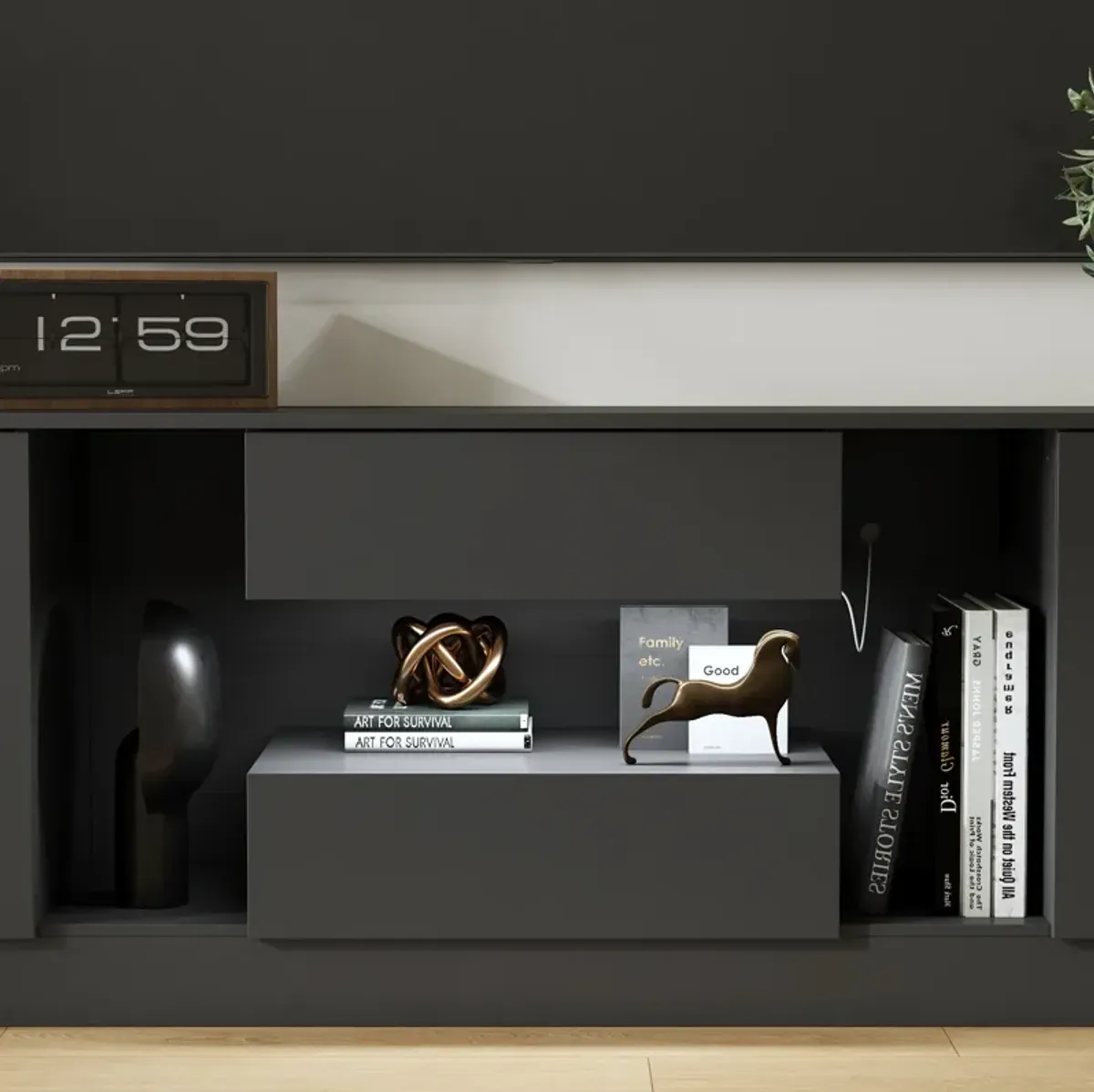 FUFU&GAGA Modern TV Stand with LED Light, 2 Cabinets & 2 Drawers, Black Finish (63" W x 15.7" D x 20.6" H), Black