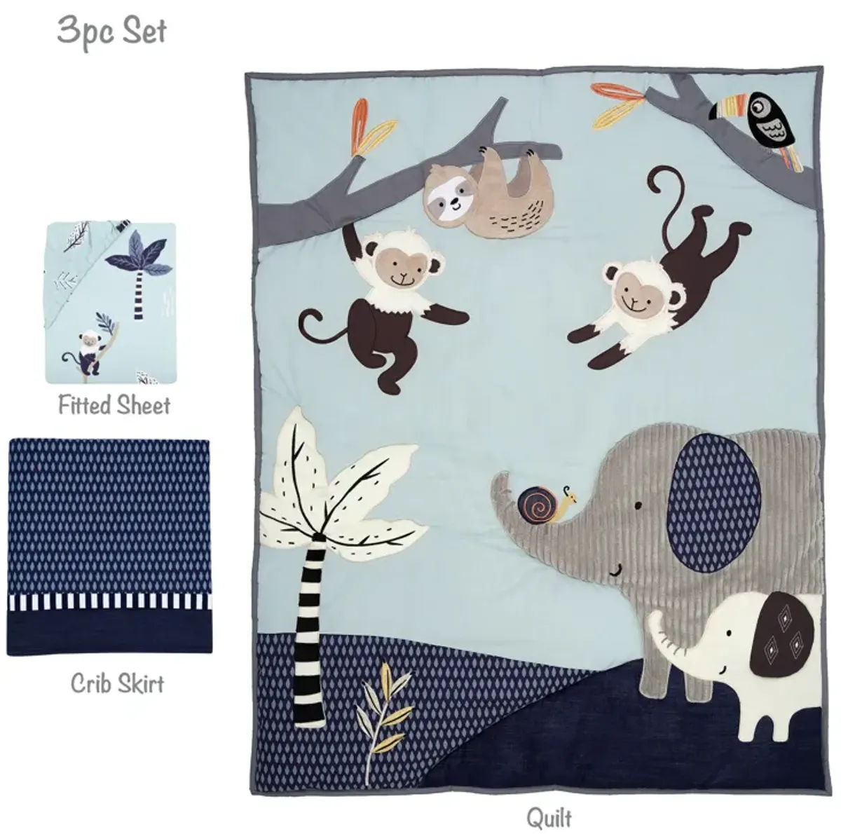 Lambs & Ivy Jungle Party 3-Piece Elephant/Monkey Baby Crib Bedding Set