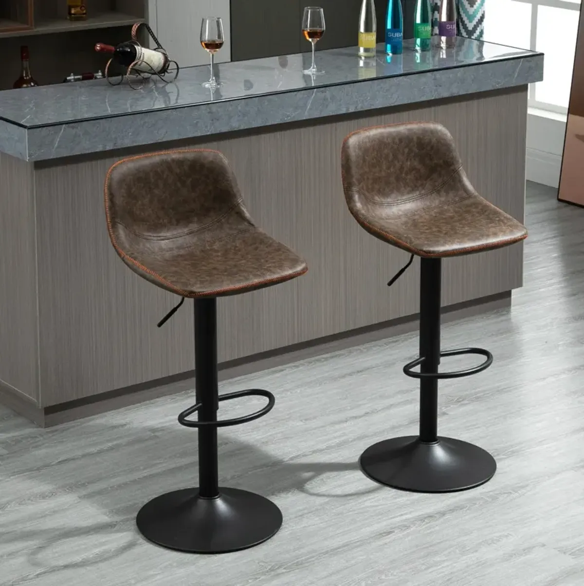 Brown Bar Comfort: Set of 2 Adjustable Swivel Padded Bar Stools