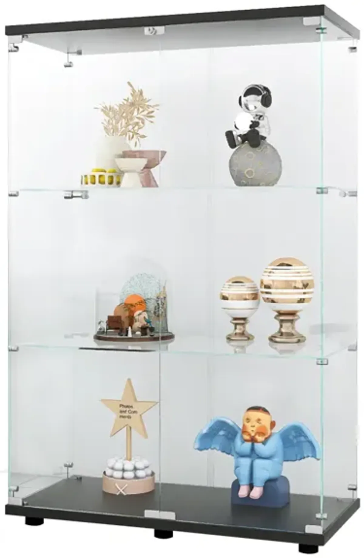Black 3-Shelf Glass Display Cabinet, 49.3" x 31.7" x 14.3"