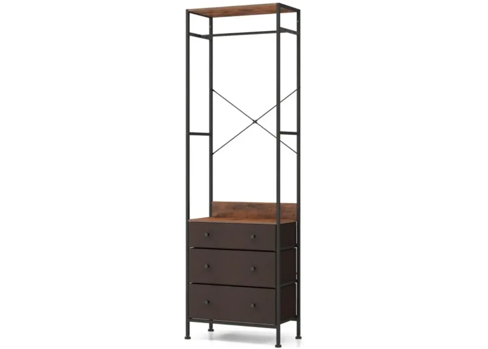 Hivvago Freestanding Closet Organizer with 3-position Hanging Rod and Storage Shelves-Brown