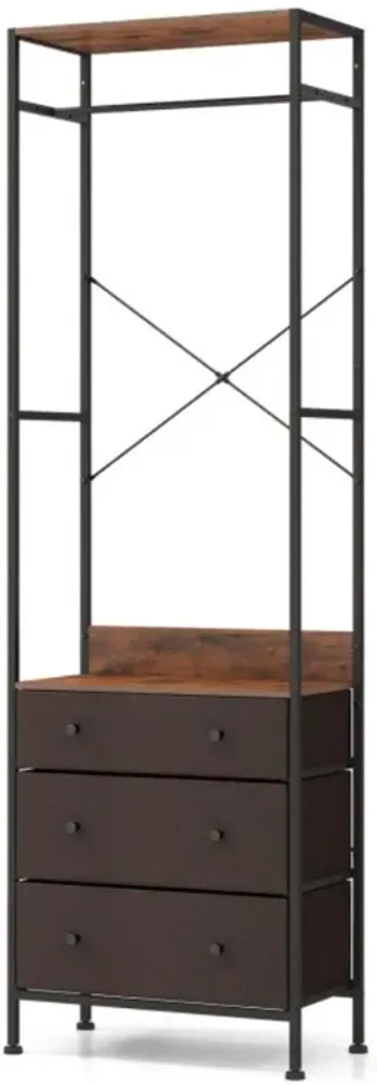 Hivvago Freestanding Closet Organizer with 3-position Hanging Rod and Storage Shelves-Brown