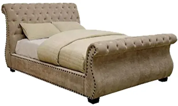 Fabric Upholstered Tufted Queen Bed with Flared Headboard, Beige - Benzara