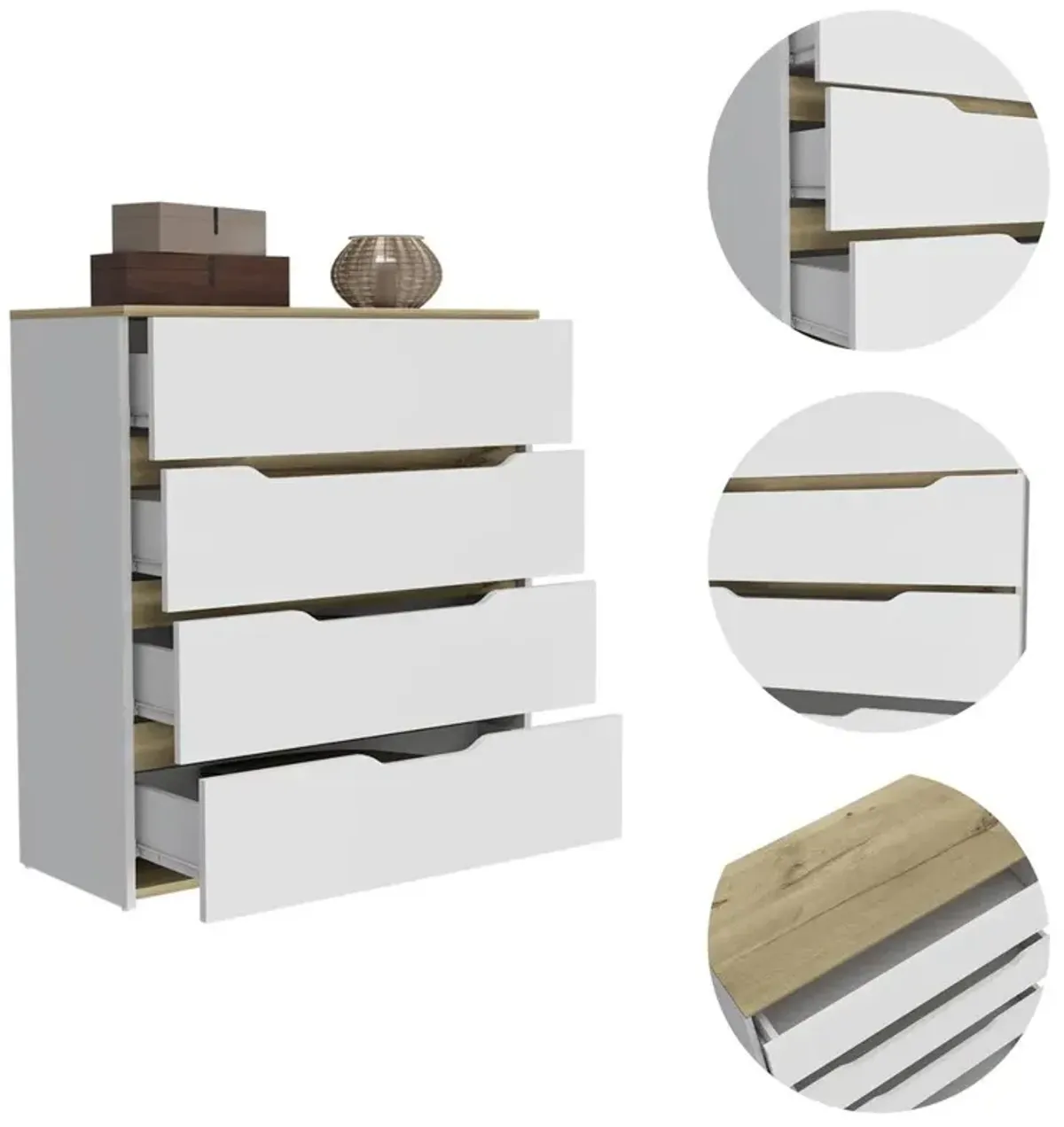 DEPOT E-SHOP Aralia Drawer Dresser-Four Drawers, Countertop-White/Light Oak, For Bedroom