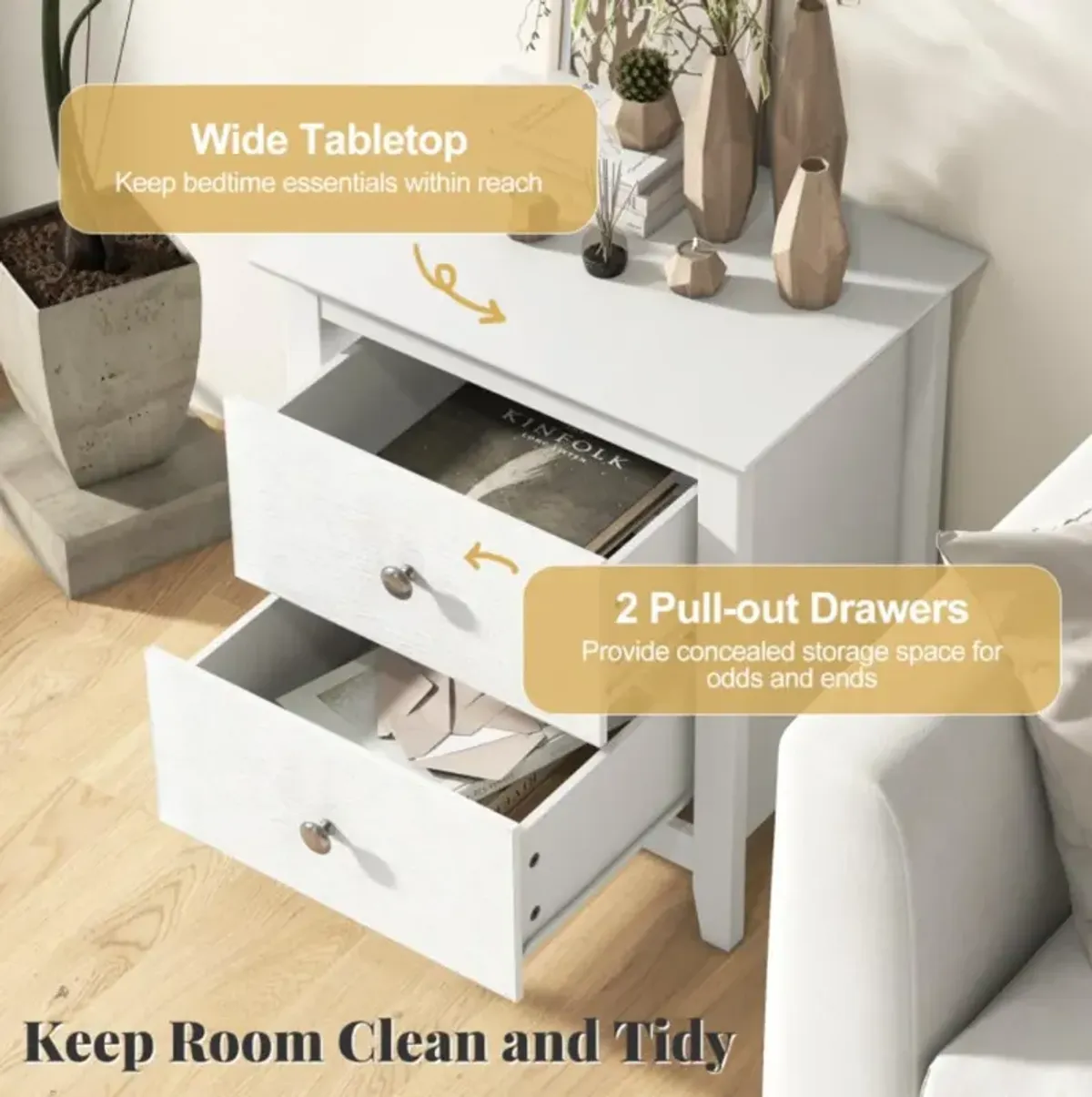 Hivvago Modern Nightstand with 2 Drawers for Small Spaces-White