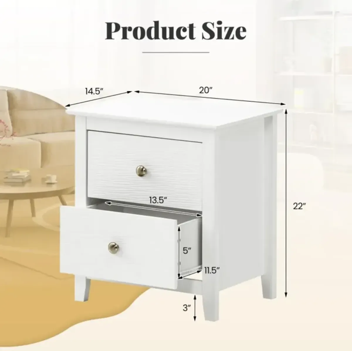 Hivvago Modern Nightstand with 2 Drawers for Small Spaces-White