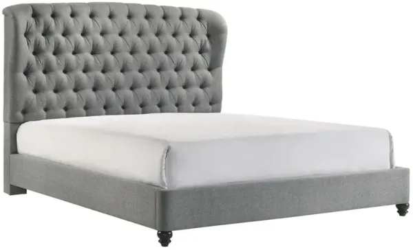 Kevin King Size Bed, Button Tufted, Gray Fabric Upholstery, Low Profile - Benzara