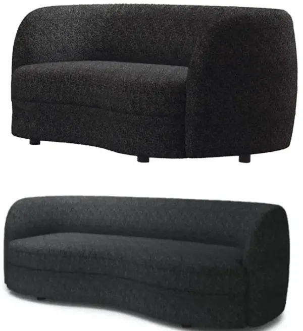 Srey 2pc Sofa and Loveseat Set, Black Boucle, Curved Kidney Shape - Benzara