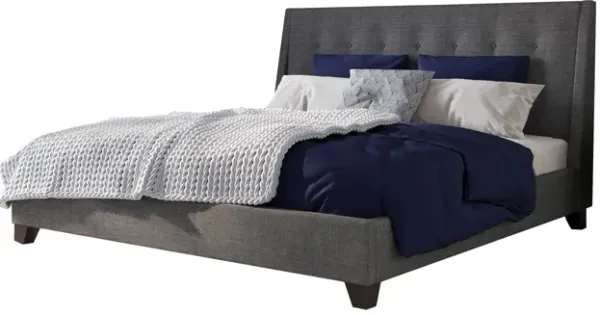Atina King Bed, Dark Charcoal Gray Linen Upholstered, Slanted Headboard  - Benzara