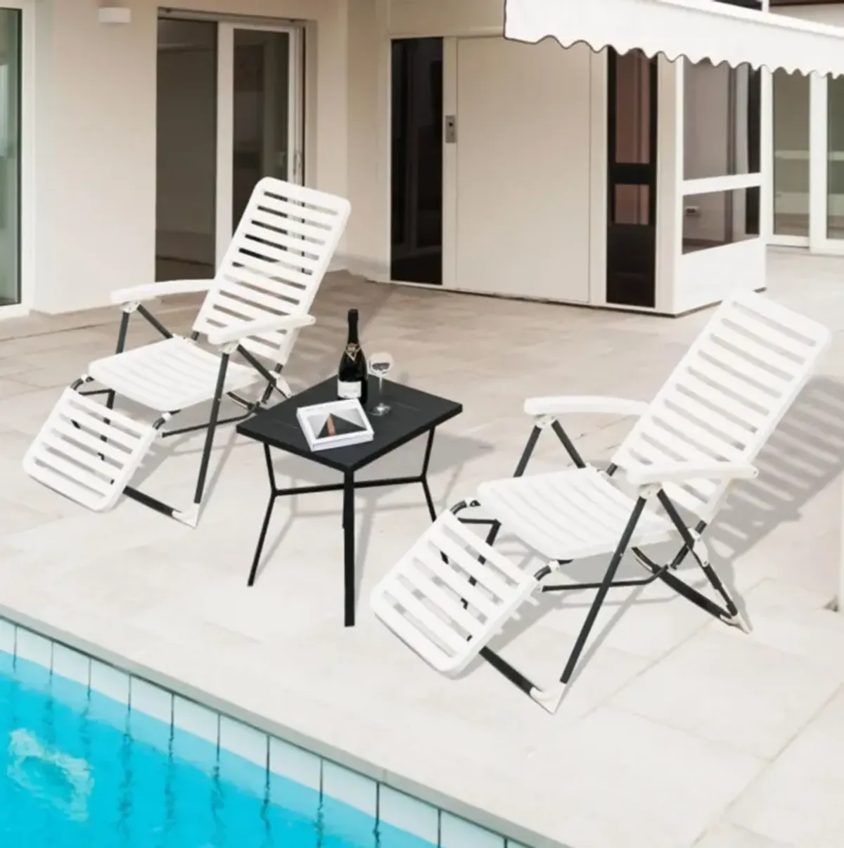 Hivvago PP Folding Patio Chaise Lounger with 7-Level Backrest and Cozy Footrest