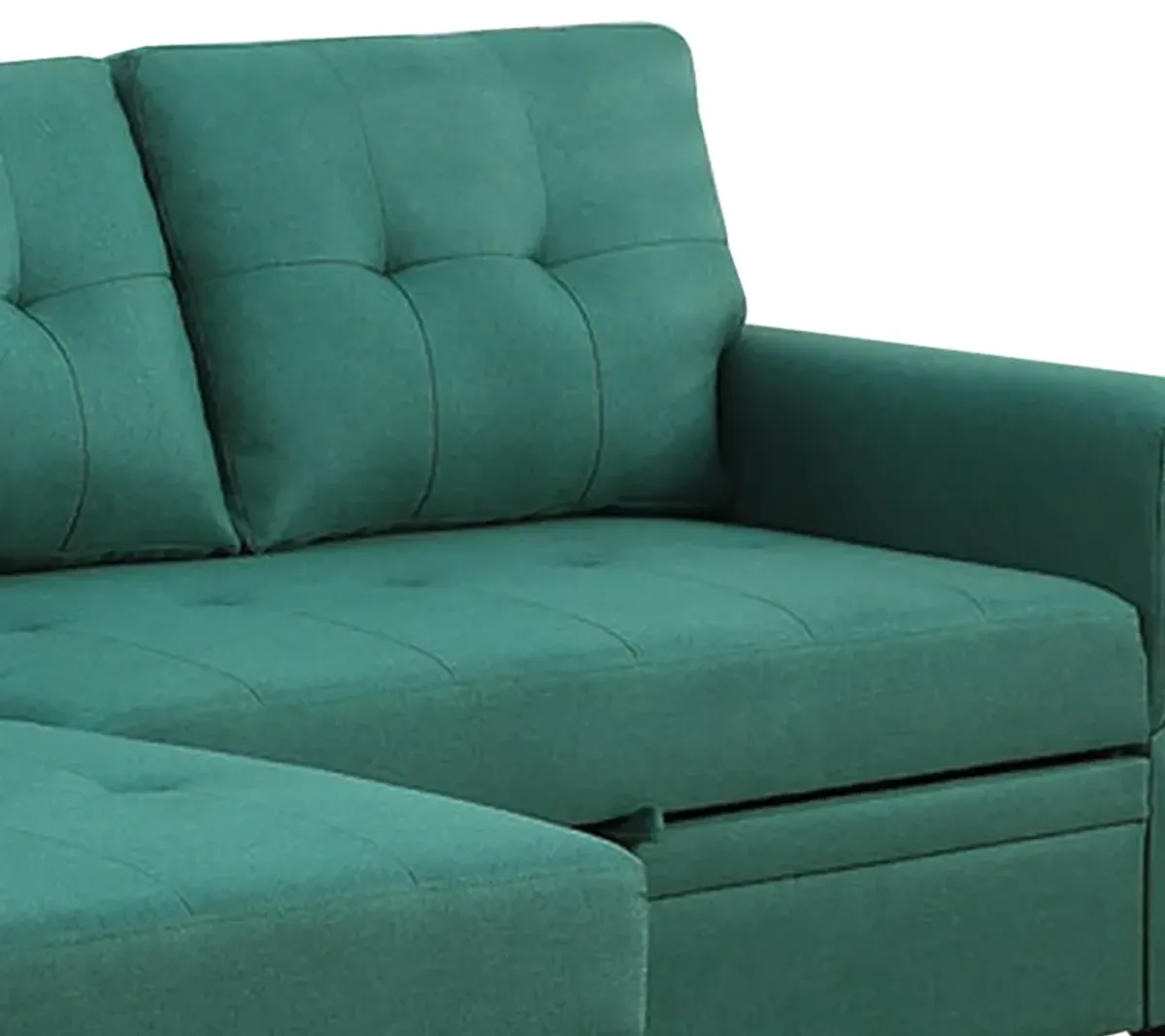 Elliot 84 Inch Sleeper Sectional Sofa with Storage Chaise, Green Fabric-Benzara