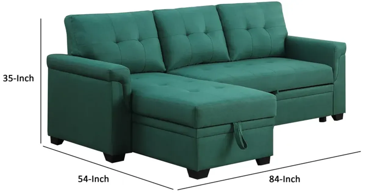 Elliot 84 Inch Sleeper Sectional Sofa with Storage Chaise, Green Fabric-Benzara