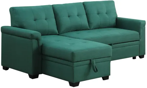 Elliot 84 Inch Sleeper Sectional Sofa with Storage Chaise, Green Fabric-Benzara