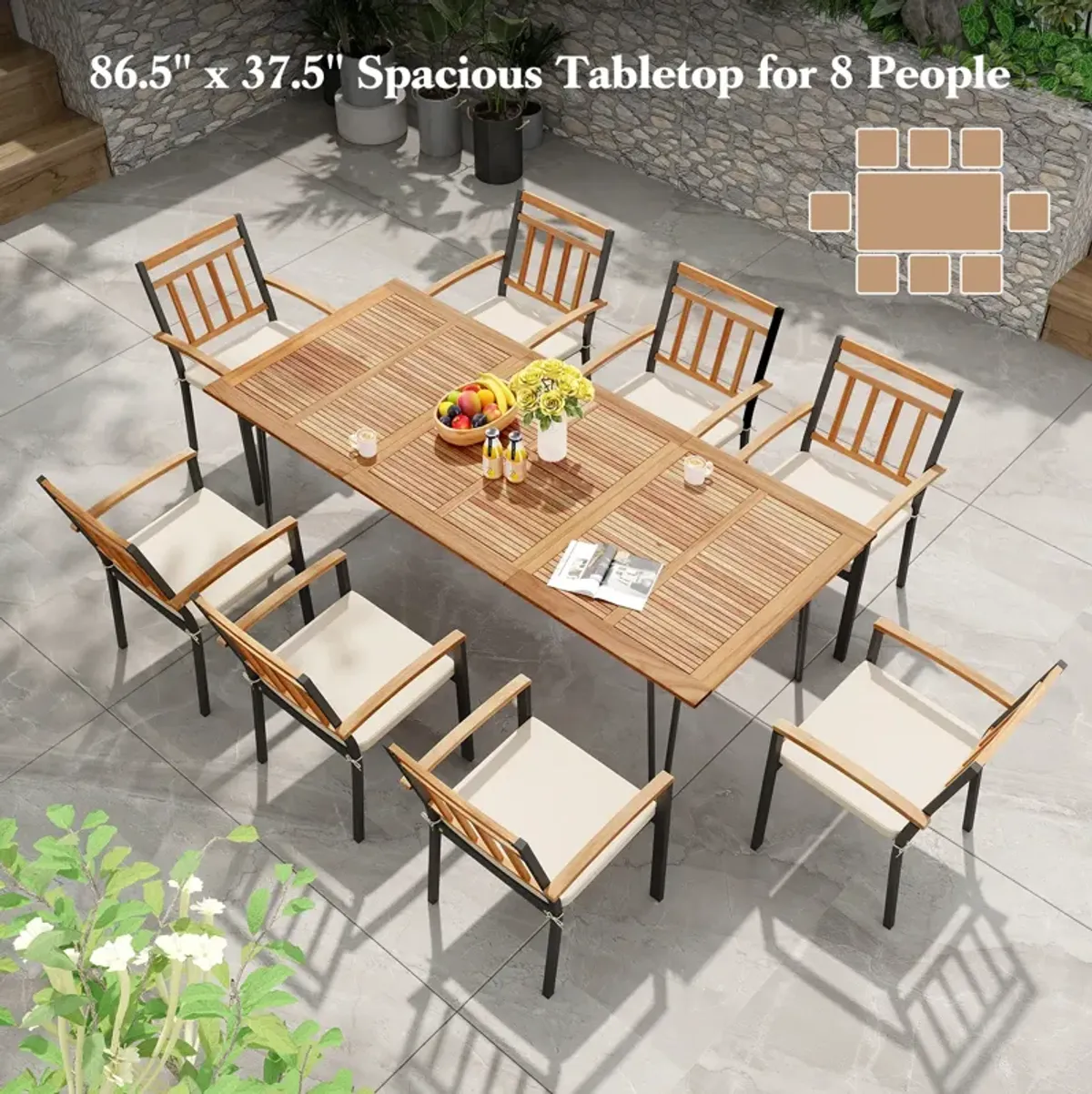 Rectangular Outdoor Dining Table for 6 People with Acacia Wood Tabletop and Umbrella Hole