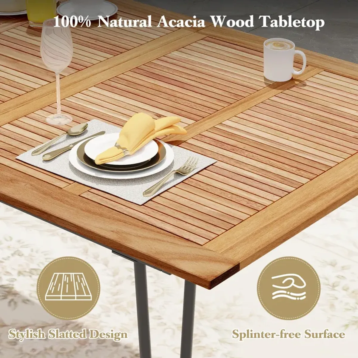 Rectangular Outdoor Dining Table for 6 People with Acacia Wood Tabletop and Umbrella Hole