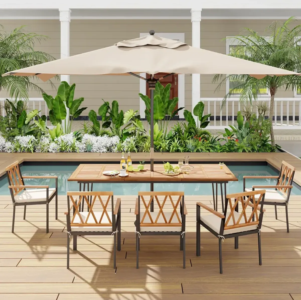 Rectangular Outdoor Dining Table for 6 People with Acacia Wood Tabletop and Umbrella Hole