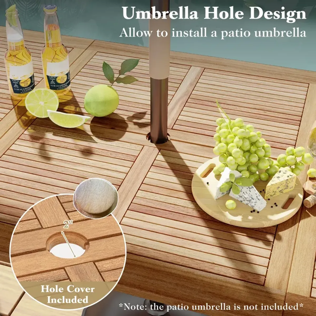 Rectangular Outdoor Dining Table for 6 People with Acacia Wood Tabletop and Umbrella Hole